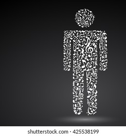 Isolated human made of notes on black background.  White notes pattern. Black and white design. Human shape. Poster and decoration idea. 