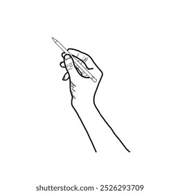 Isolated of a human right hand holding a pencil in line drawing style.