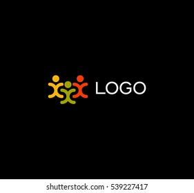 Isolated human silhouettes holding hands logo. People unity logotype. Abstract colorful vector illustration on black background