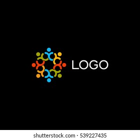 Isolated human silhouettes holding hands logo. People unity logotype. Round shape icon on black background. Abstract colorful vector illustration