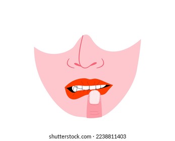 Isolated of human's face showing the lip and nail biting disorder, Body focused repetitive behaviors (BFRBs) symptom. Flat vector illustration.