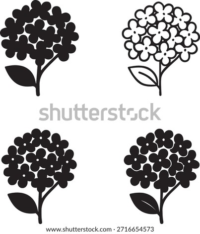 Isolated Hydrangea Icon Set, Clustered Hydrangea Flower Silhouette, Hydrangea Floral Design Icon, Minimal Floral Design, Solid Black Outline, Thin Stroke, Clean Vector, Isolated White Background