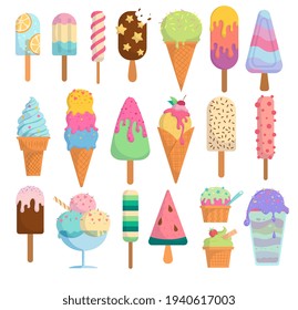 Isolated ice cream icons. Different ice cream, popsicles, fruit ice. Bright summertime poster with sweet food. Collection of scrapbooking elements for summer party. Set of cartoon vector illustrations