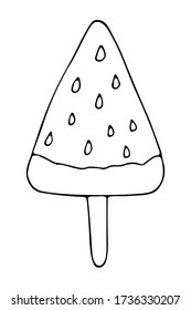  Isolated ice cream with stick in the form of a slice of watermelon. Vector hand drawn illustration in doodle style. Black and white. Can use for menu, greeting card, product design.