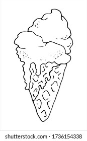 Isolated ice cream in waffle cone with two spoons . Vector hand drawn illustration in doodle style. Black and white. Can use for menu, greeting card, websites, product design.