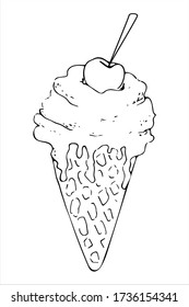 Isolated ice cream in waffle cone with one cherry on the top. Vector hand drawn illustration in doodle style. Black and white. Can use for menu, greeting card, websites, poster, product design.