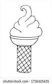 Helado aislado en cono de gofre. Ilustración dibujada a mano por vectores en estilo doodle. Blanco y negro. Puede usarse para menú, tarjeta de felicitación, sitios web, diseño de productos.