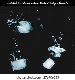 Isolated ice cube dropped on water. Transparent realistic design elements to fit any darker color background.