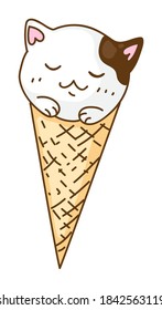 Isolated ice-cream with cute kawai sleepy cat in waffle cone