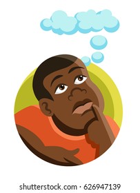 Isolated icon of an african fat boy thinking, with a blue bubble representing imagination.