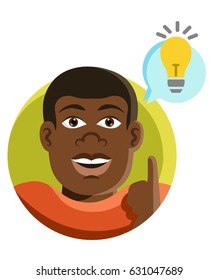 Isolated icon of an african fat boy having an idea, with a bulb lamp in front of a blue speech.