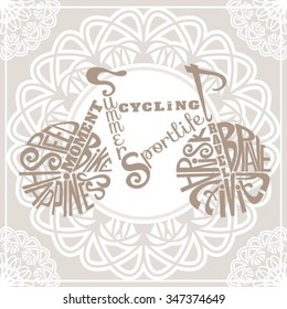 Isolated icon of bike made from words.Hand drawn hipster interior poster. Calligraphic cute postcard. Typography poster for t-shirt or for your business. Retro vintage bicycle. Isolated Background.