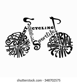 Isolated icon of bike made from words.Hand drawn hipster interior poster. Calligraphic cute postcard. Typography lettering for t-shirt or for your business. Retro vintage bicycle. Isolated Background.