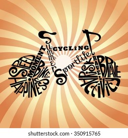Isolated icon of bike made from words.Hand drawn hipster interior poster. Calligraphic cute postcard. Typography lettering for t-shirt or for your business. Retro vintage bicycle. Isolated Background.