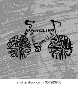 
Isolated icon of bike made from words.Hand drawn hipster interior poster. Calligraphic cute postcard. Typography lettering for t-shirt or for your business. Retro vintage bicycle. Isolated Background