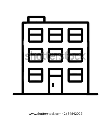 Isolated icon with black outlines shows a simple three-story structure featuring a centrally located door and nine uniformly spaced windows arranged symmetrically across its facade.