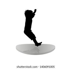 Isolated icon of black silhouette of jumping child on trampoline. white background. Flat design. Elements for design, children s store, party, lunopark. Vector illustration