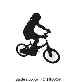 Isolated icon of blak silhouette of child girl on bicycle on white background. Elements for design, children s sport store. Vector illustration.