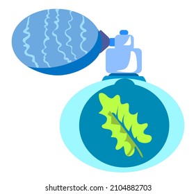 Isolated icon of blue perfume with a leaf in the middle and on a white background. Beauty and fashion concept. Vector flat illustration.