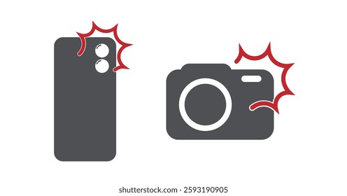 Isolated icon of a camera and telephone with a red flash lamp, designed as a modern pictogram for digital use