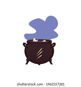 Isolated icon of cauldron for witch with human eyes in boiling brew. Iron magical pot with bubbling poison potion and blue magic steam. Flat cartoon vector illustration.