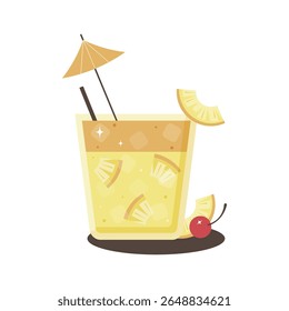 Isolated icon with cocktail Mai Tai with  pineapple and cherry on transparent background. Beverage element.Cocktail Mai Tai concept.  Icon for decorations. Flat cartoon design. Vector illustration
