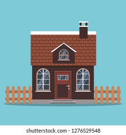 Isolated icon of country house with a tiled roof and chimney, fences in cartoon flat style. Vector background illustration of detailed cottage on blue background.