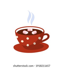 Isolated Icon, A Cute Cup Of Hot Chocolate. Sweet Cocoa With Marshmallows. Cartoon Vector Illustration.