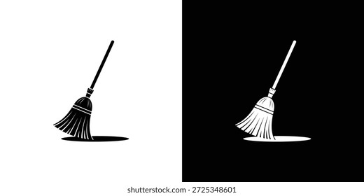 Isoliertes Symbol mit einem Besen mit einem langen Griff, der den Boden fegt. Das Design ist in kontrastierenden Schwarz-Weiß-Tönen gehalten.