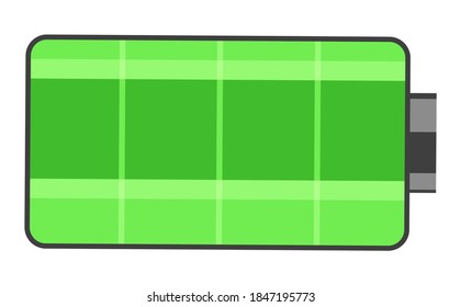 Isolated icon. Full battery charge. Green battery, symbol for phones, tablets, digital devices. Full of energy 100%. Status of battery charging. Accumulator icon. Indicator show full charging