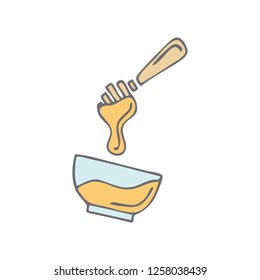 Isolated icon of honey stick, honey and bowl. Pastel colours. White background. Flat hand drawn doodle style vector illustration.