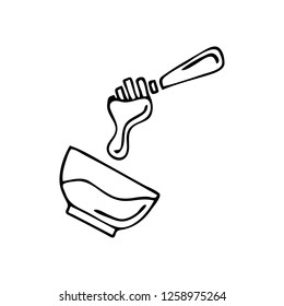 Isolated icon of honey stick, honey and bowl. Black and white sketch. White background. Flat hand drawn doodle style vector illustration.