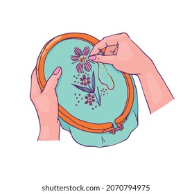 Isolated icon with human hands, embroidery frame and needle. Cross-stitch flower pattern embroidery. Craft, art, hobby or leisure. Flat cartoon vector illustration