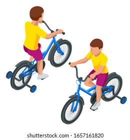 Isolated icon of isometric kid's bicycle of child boy on bicycle on white background.