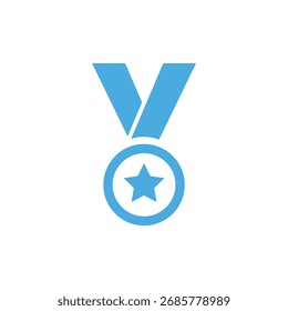 Isolated icon. Light blue vector medal featuring a star inside a circle, attached to a ribbon. Symbolizes achievement. Suitable for award themes.