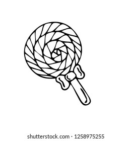 Isolated icon of a lollipop with a bow on a stick. Black and white sketch. White background. Flat hand drawn doodle style vector illustration.