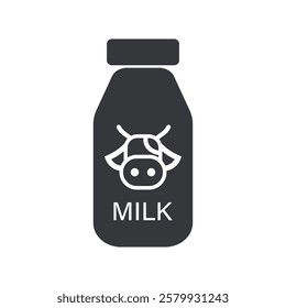 Isolated icon of a milk box and bottle with a cow symbol on the packaging, pictogram sign beverages, nutrition, drinks.
