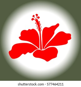 Isolated icon in red and green colors. Vector vintage tropical hibiscus flower.
