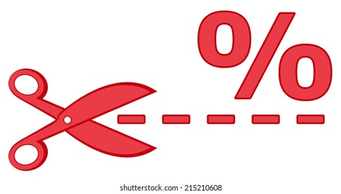 isolated icon - red scissors with percentage and dotted line silhouette