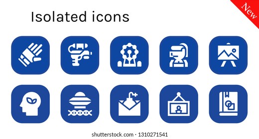 isolated icon set. 10 filled isolated icons.  Simple modern icons about  - Gloves, Water gun, Ferris wheel, Call center, Drawing, Eco, Ancient aliens, Email, Painting, Book