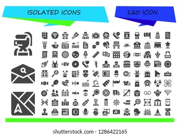  isolated icon set. 120 filled isolated icons. Simple modern icons about  - Call center, Map, Email, Clipboard, Wifi, Gift, Fins, Croupier, Medical kit, Crystal ball, Telephone