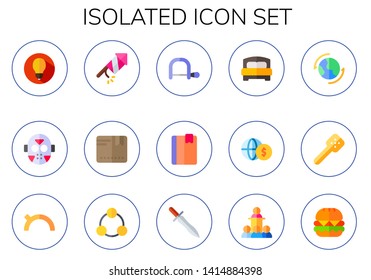 isolated icon set. 15 flat isolated icons.  Collection Of - light bulb, hockey, fireworks, box, hacksaw, book, bed, money, planet earth, slotted spoon, morning, network, knife