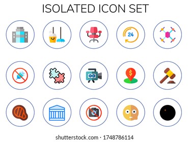 Isolated Icon Set. 15 Flat Isolated Icons. Included Company, No Drugs, Clean, Puzzle, Desk Chair, Video Camera, Hours, Placeholder, Drone, Auction, Meat, British Museum Icons