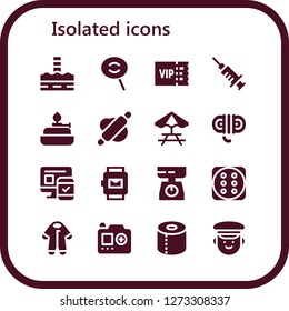  isolated icon set. 16 filled isolated icons. Simple modern icons about  - North pole, Dodge, Vip, Blood, Burner, Rolling pin, Picnic table, Rope, Responsive, Smartwatch, Scale
