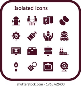 isolated icon set. 16 filled isolated icons.  Simple modern icons such as: Hydrant, Meeting, Chat, Jelly beans, Chakra, Bottle, Pill, Rasta, Computer, Package, Signs, Factory