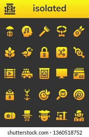 isolated icon set. 26 filled isolated icons.  Collection Of - World, Hospital, Music, Rake, Collar, Bomb, Spinach, Bird, Lock, Shuffle, Gender, Film roll, Police car, Creature