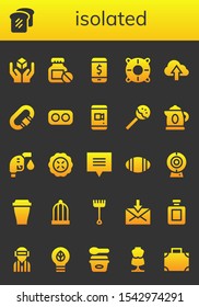 isolated icon set. 26 filled isolated icons.  Simple modern icons about  - Cube, Bread, Bottle, Phone, Help, Cloud, Carabiner, Drugs, Smartphone, Lollipop, Kettle, Gas fuel, Pie