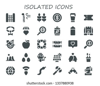 isolated icon set. 30 filled isolated icons.  Collection Of - Fence, Candle, Wheat, Coin, Beer, Coupon, Collar, Emotions, Search, Can, Bottle, Medieval, Clown, Apple, Lifesaver