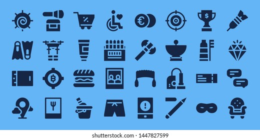 isolated icon set. 32 filled isolated icons. on blue background style Collection Of - Chakra, Dive, Tablet, Placeholder, Powder, Drone, Bitcoin, Foodie, Shopping cart, Paint tube