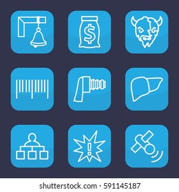 isolated icon. Set of 9 outline isolated icons such as goat, structure, liver, camera zoom, bell, satellite, barcode, exclamation